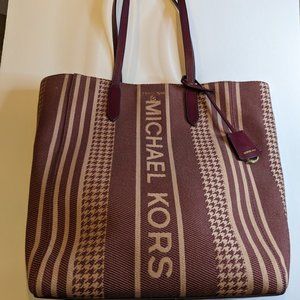Michael Kors Plum Tote Bag with Houndstooth and Stipe Details Slightly Used